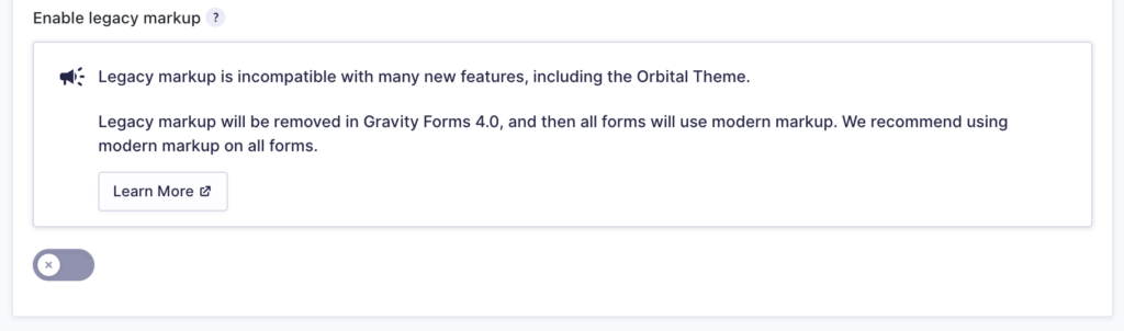 Image showing the legacy markup toggle disabled.