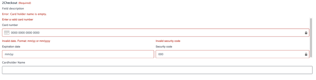 Image showing validation messages on the 2Checkout field.