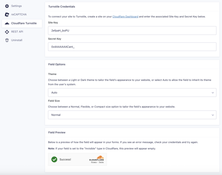 Cloudflare Turnstile Add-On Settings Reference