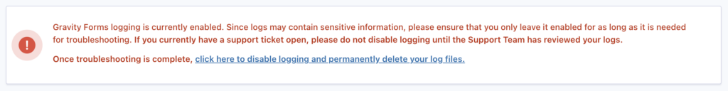 Image showing warning message when logging is enabled