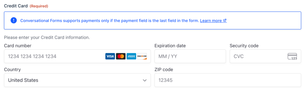 Form Editor field-level notice, when the payment field is not the last field.