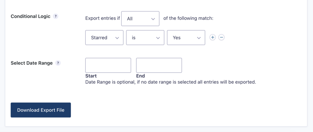The Export Entries page, with the Starred filter applied to export only starred entries.