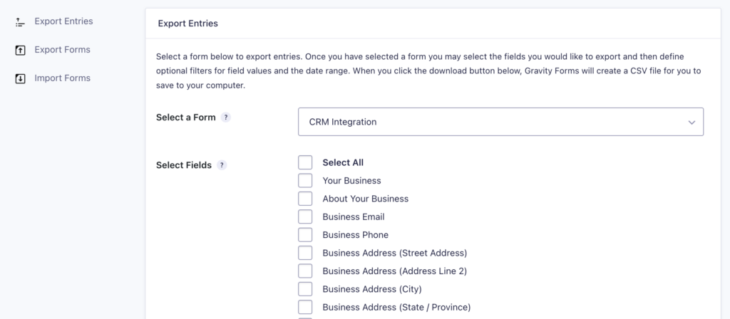 Gravity Forms Export Entries Select Fields
