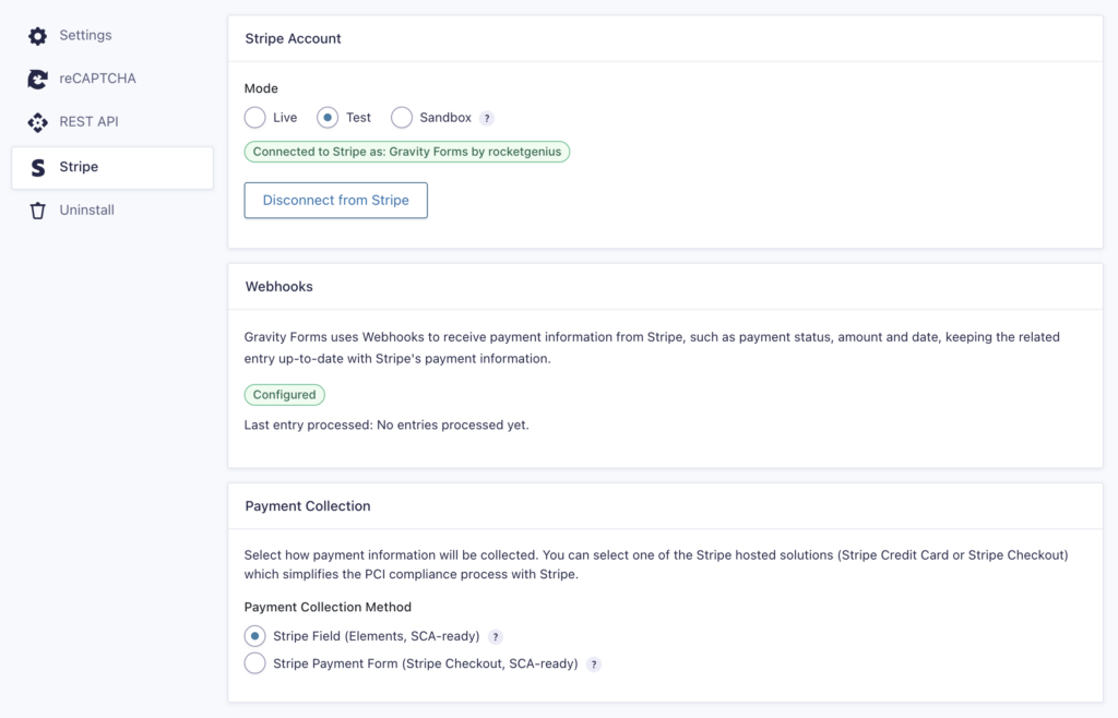 Stripe Add-on Settings Reference accessed under Gravity Forms Settings Page