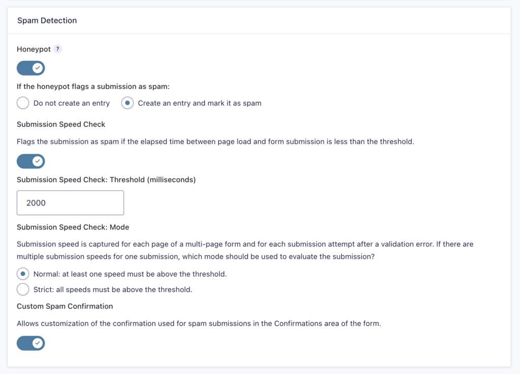 Image showing Spam Detection settings