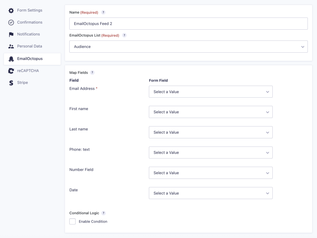 Image showing Email Octopus feed settings page