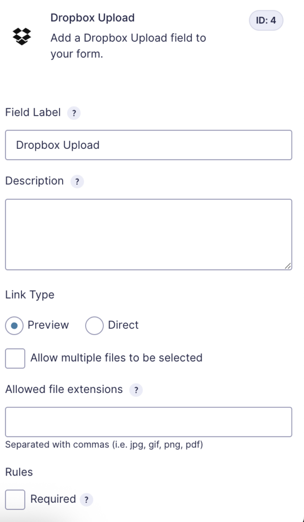Image showing Dropbox Upload field
