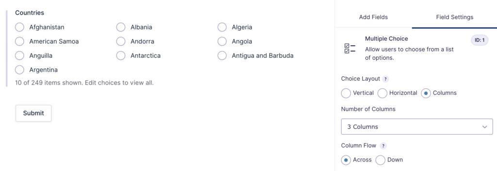 Image showing Choice Layout field settings