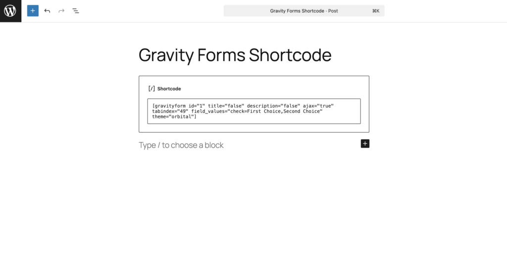 Image showing Gravity Forms Shortcode in the WordPress editor