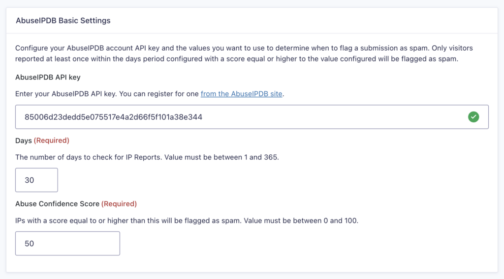 Image showing AbuseIPDB Add-On Settings