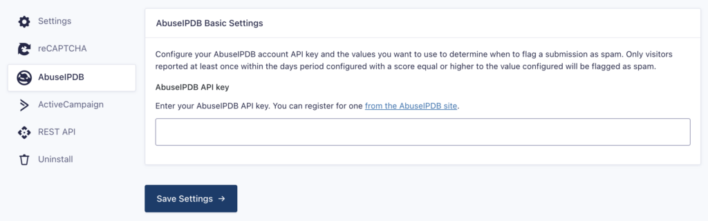 Image showing AbuseIPDB Add-On Settings