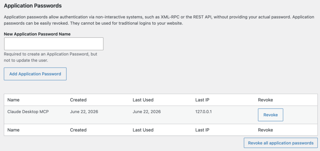 Image showing WordPress Application Passwords.