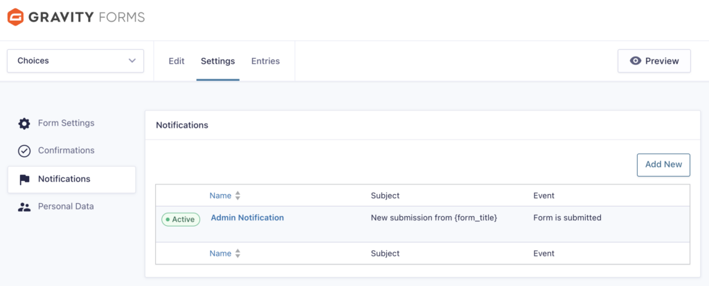 Default Notification in the Notifications List.