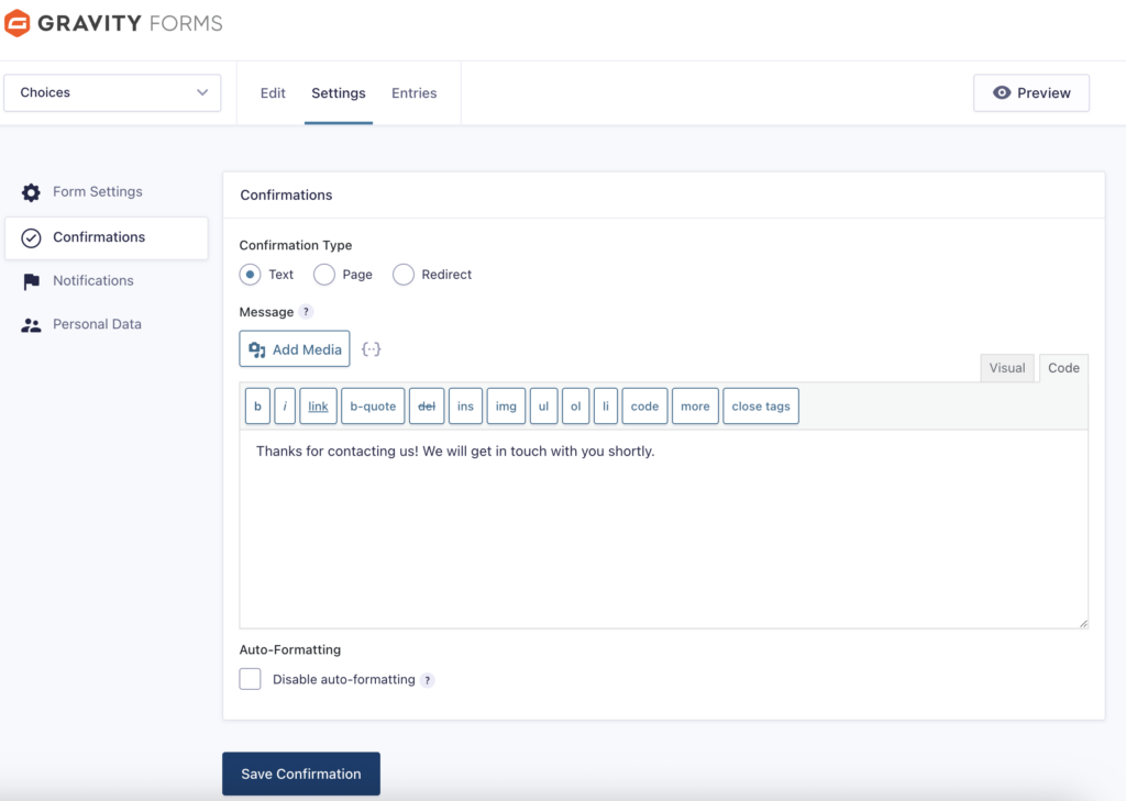 Image showing Gravity Forms Default Confirmation