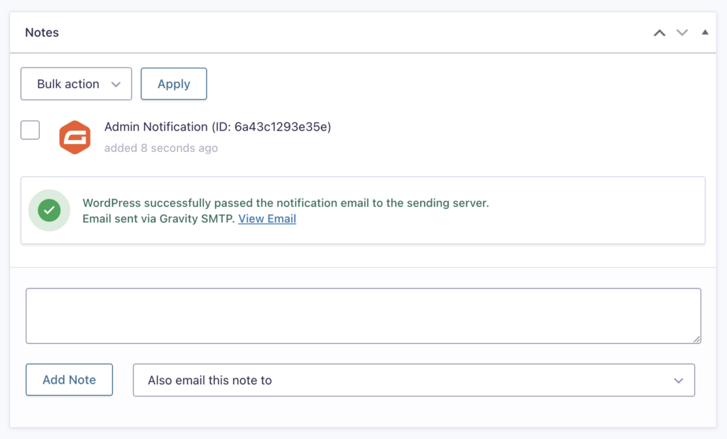 WordPress successfully passed the notification email to the sending server.