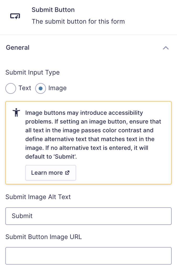 Image showing Submit Button General Settings