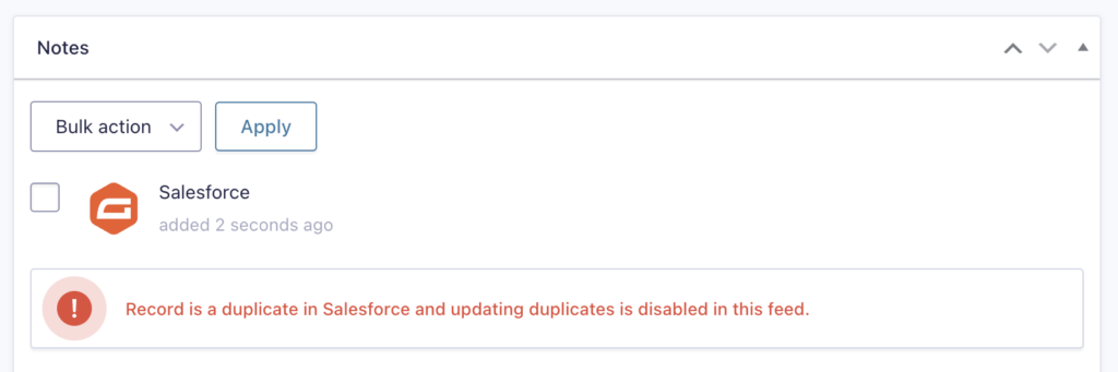 Image showing an Entry Note with a failure note about the object not being updated.
