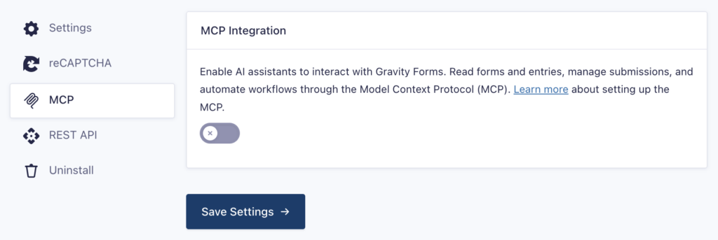 Image showing Gravity Forms MCP Settings.