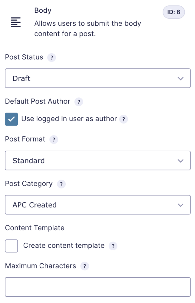 GForms Body Field General Settings
