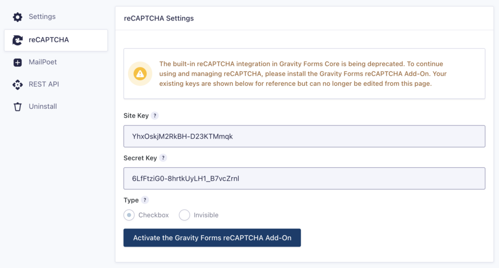 Activate the reCAPTCHA Add-On. Displays if the Add-On is installed but not active.
