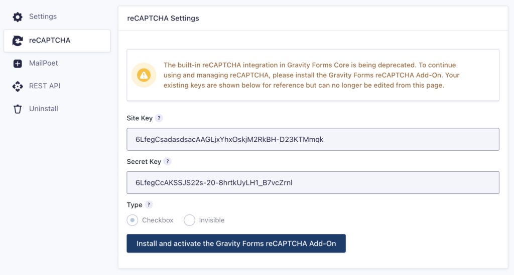 Install and activate the reCAPTCHA Add-On. Displays if the Add-On is not yet installed.