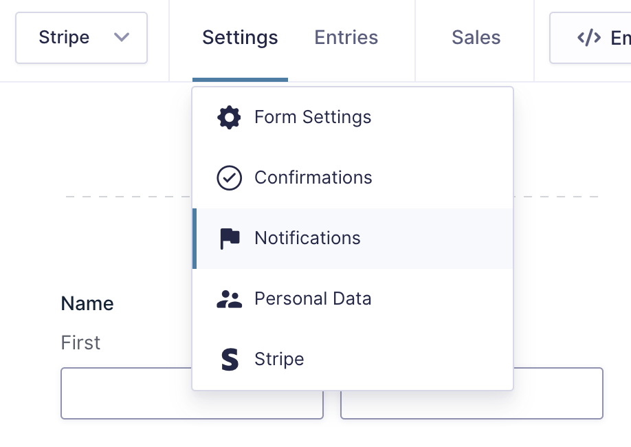 Image showing Notifications menu in the Form Editor