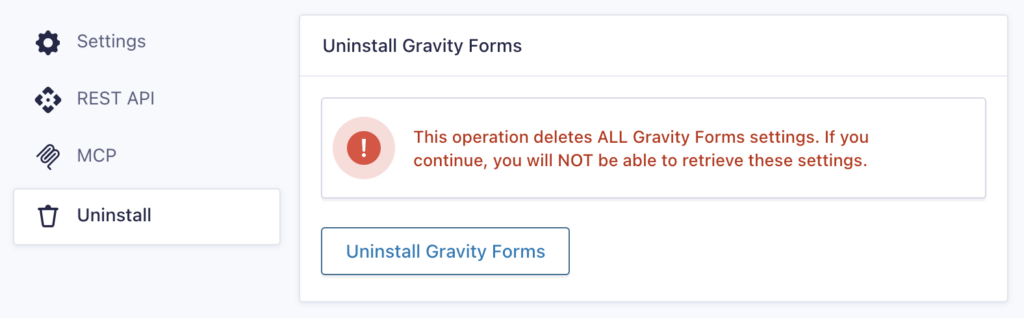 Image showing Uninstall Settings for Gravity Forms