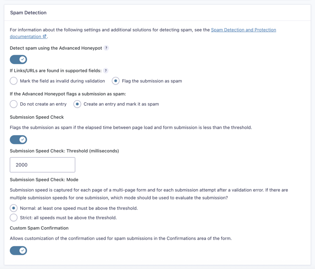 Image showing Spam Detection settings
