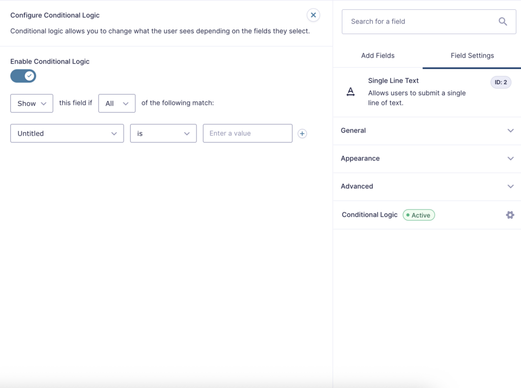 Image showing Conditional Logic Field Settings