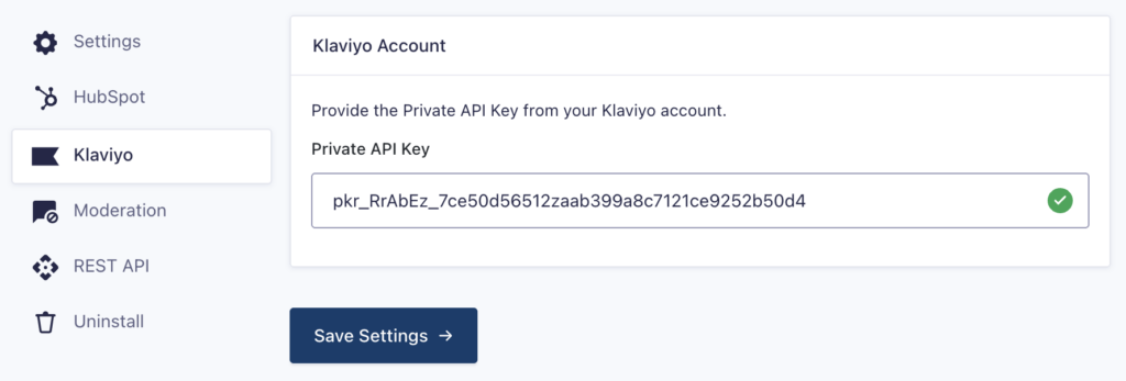Image showing Klaviyo API Key settings