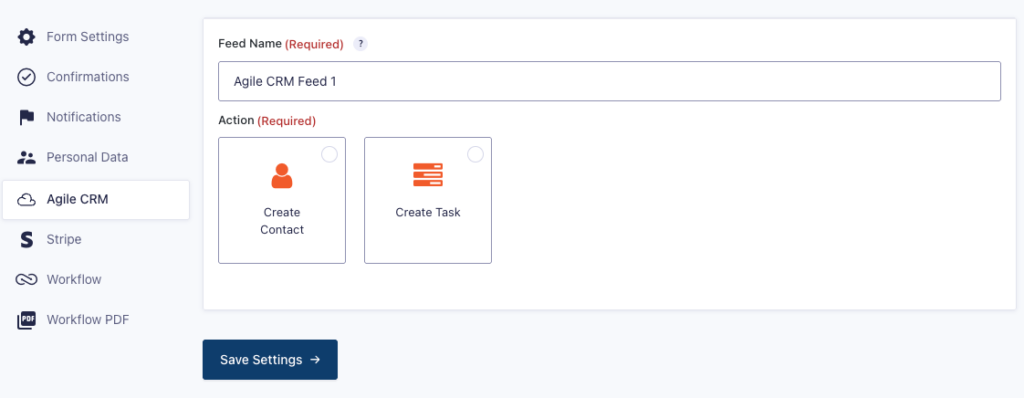 Image showing the Action dropdown in Agile CRM Feed Settings