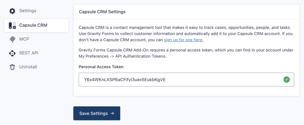Image showing Capsule CRM Settings