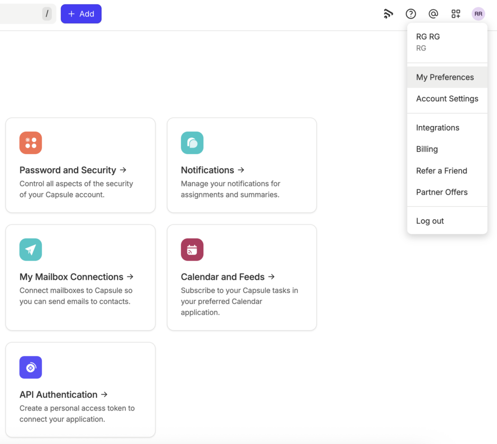 Image showing Capsule CRM My Preferences Menu