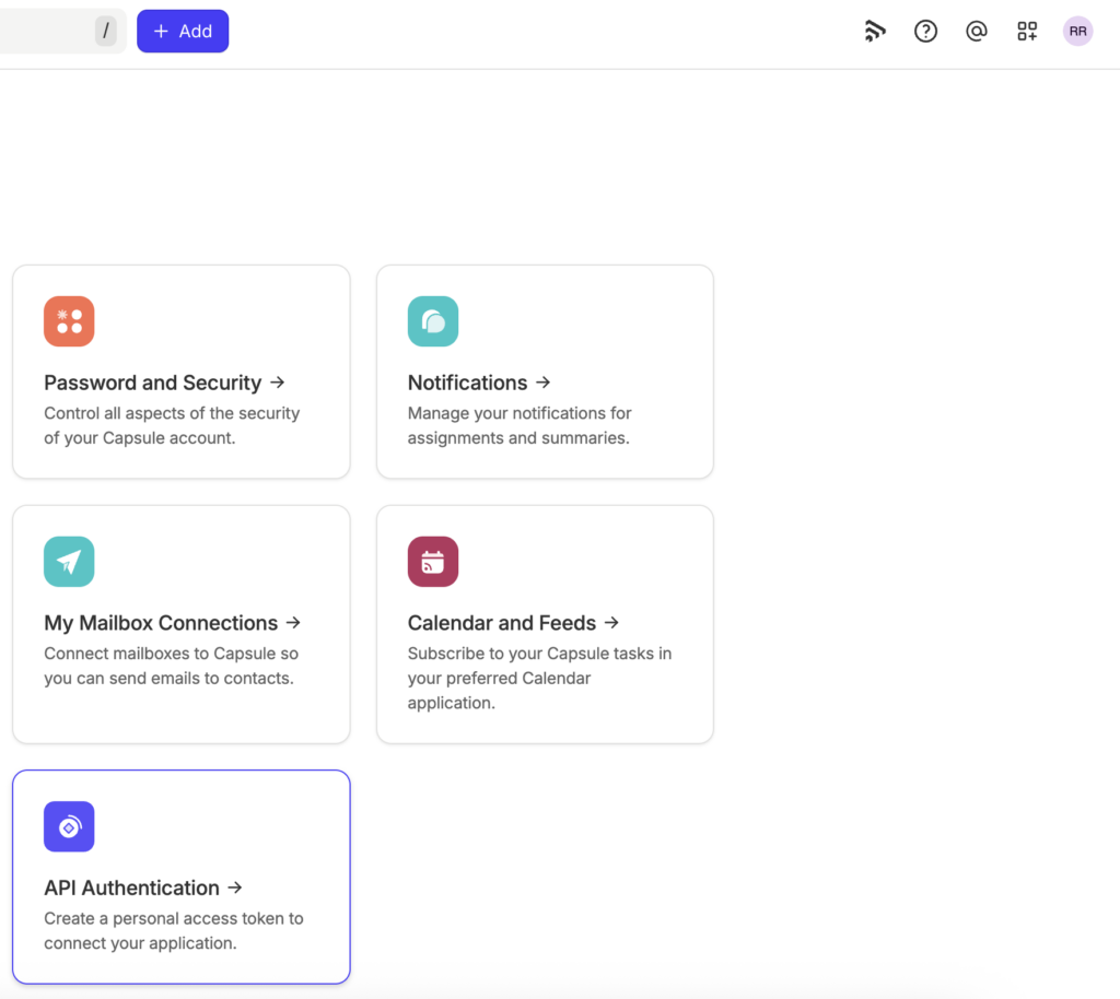 Image showing Capsule CRM API Authentication menu