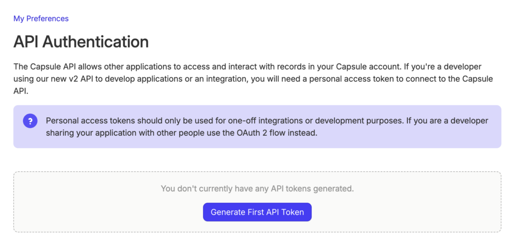 Image showing Capsule CRM API Authentication menu