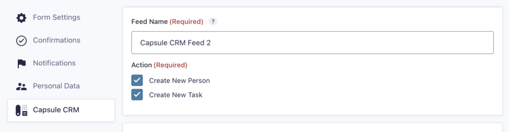 Capsule CRM Feed Settings Page