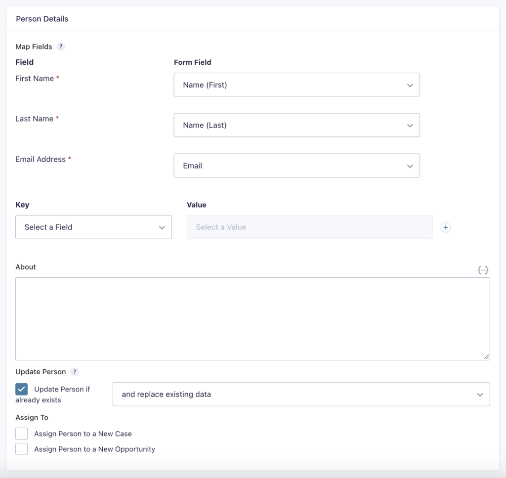 Capsule CRM Feed Settings Page | Person Details
