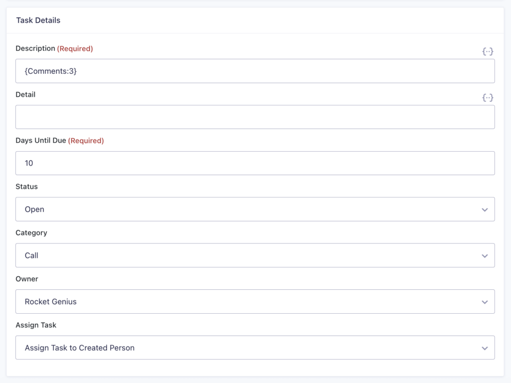 Capsule CRM Feed Settings Page | Task Details