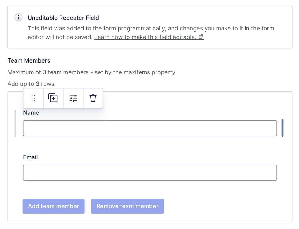 Image showing a Repeater field in the form editor