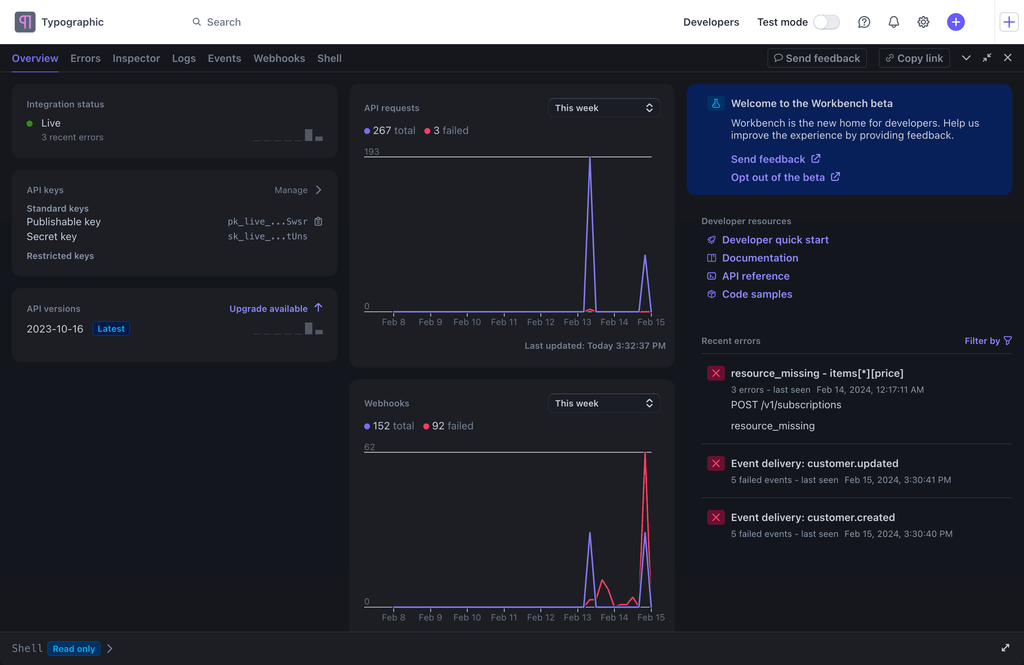 Stripe Workbench Overview tab