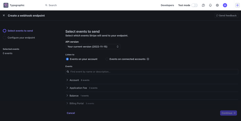 Webhooks tab in Stripe Workbench showing endpoint API versions