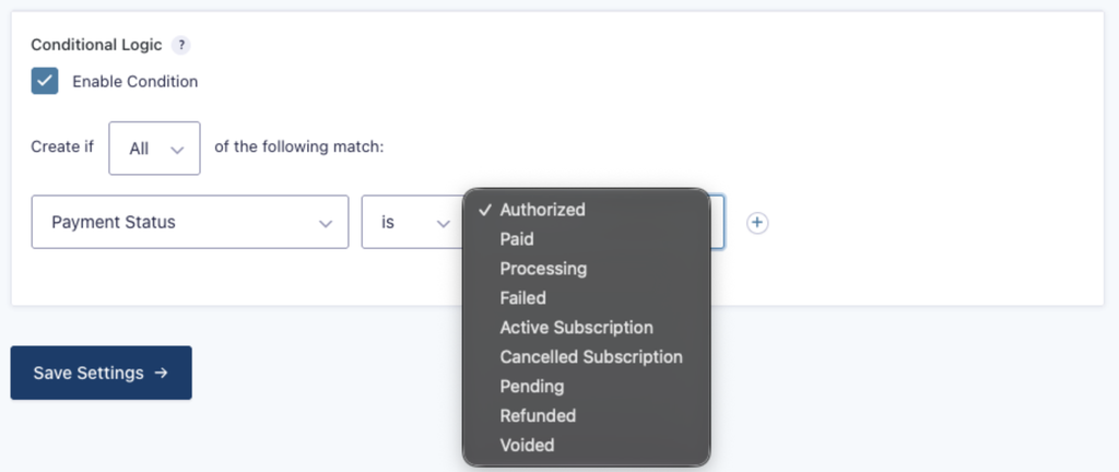Image showing Payment statuses in Conditional Logic